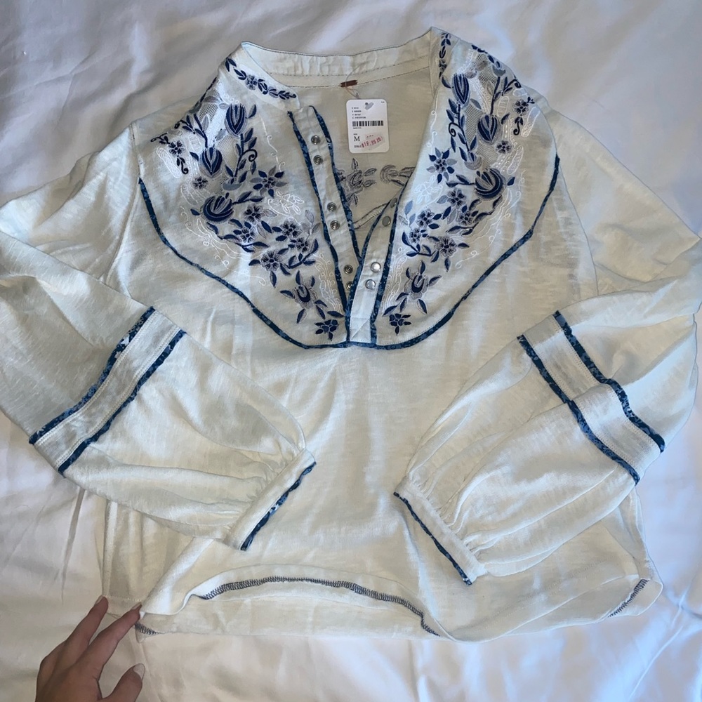Free People Long Sleeve Blue Foral Blouse